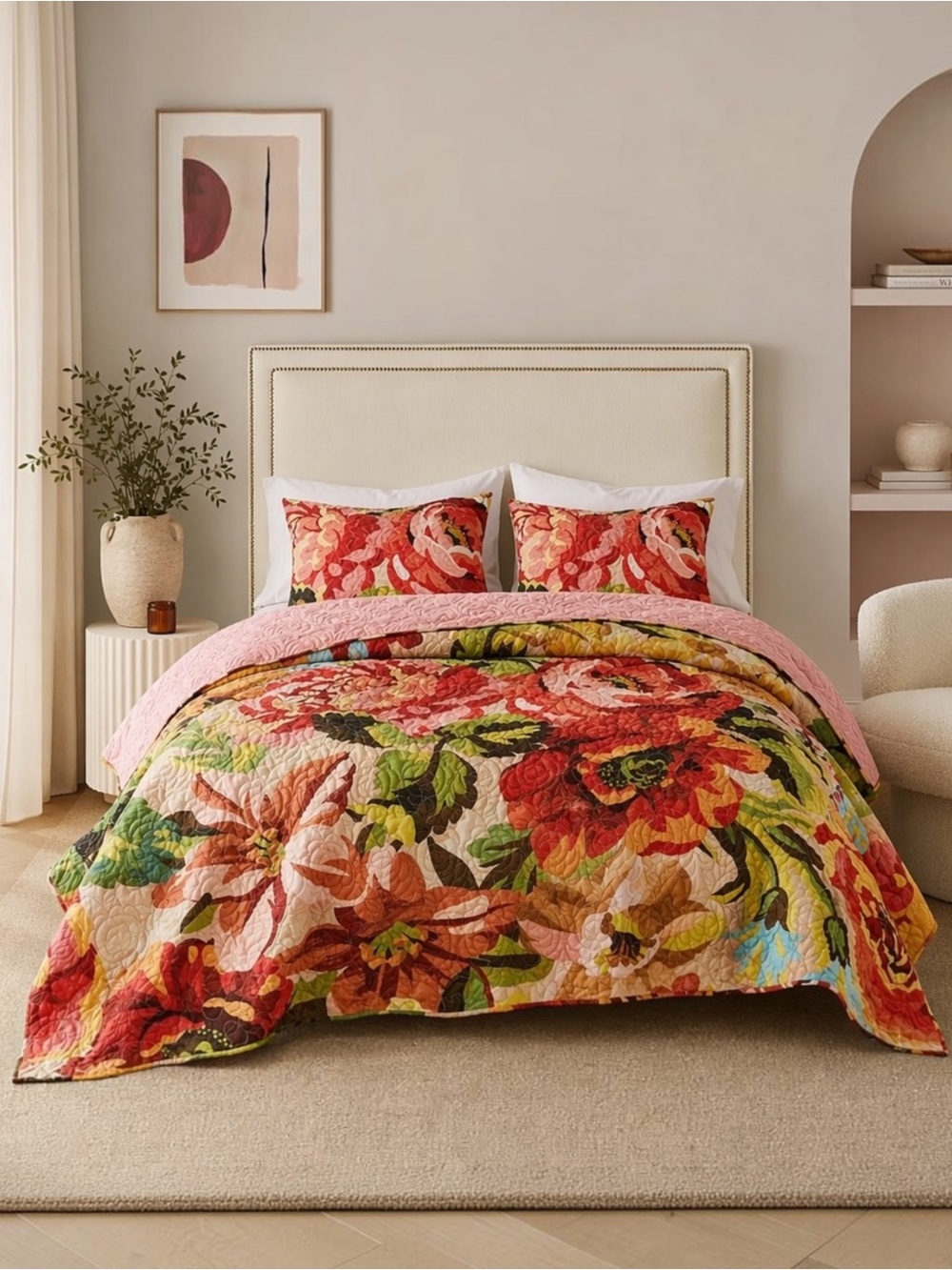 NEW Anthropologie Red Floral Reversible Boho Knit Queen King Bedding Quilt Sham
